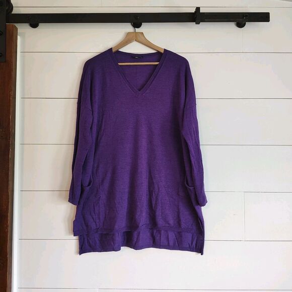 Eileen Fisher Knit Slouchy Pocket Front Tunic Lightweight Sweater Purple Large - Picture 1 of 7